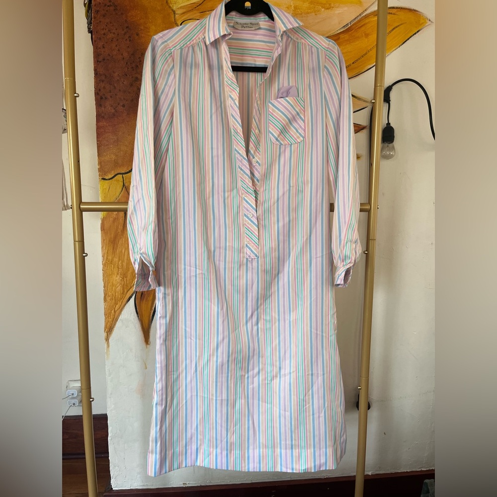 Vintage Striped Long Sleeve Shirt Dress with pocket square detail